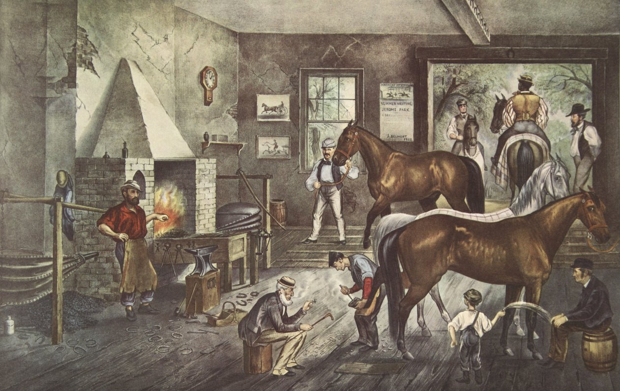 Trotting Cracks alla forgia, pub. 1869, Currier & Ives da American School