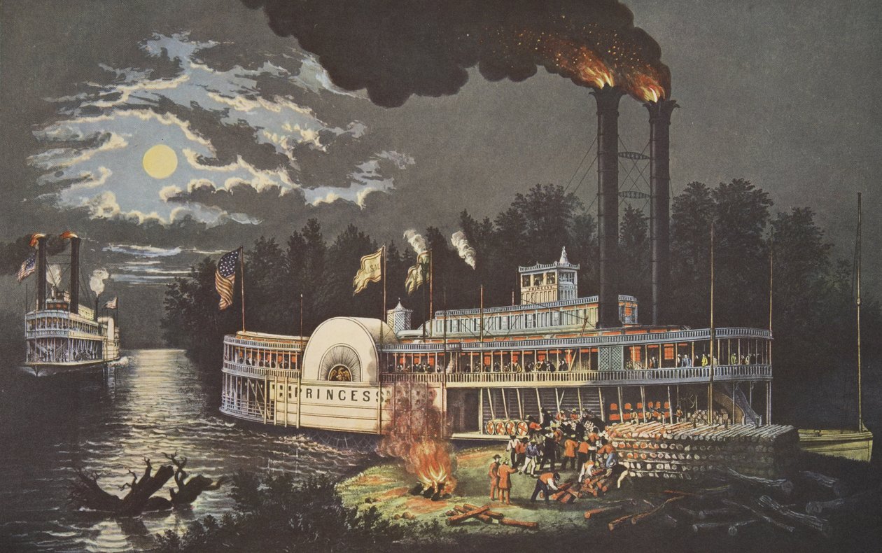 Caricamento di legna sul Mississippi, pub. 1863, Currier & Ives da American School