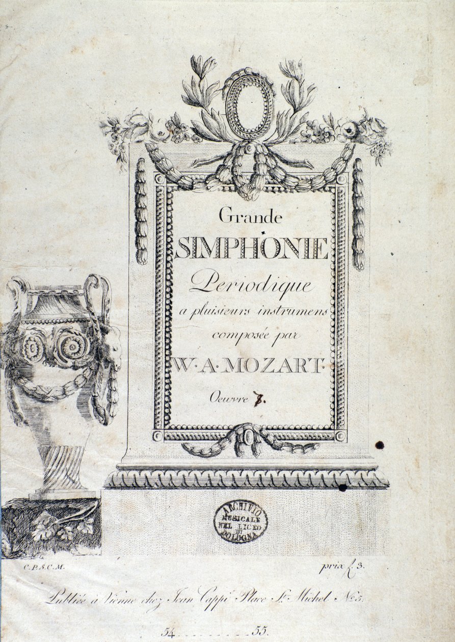 Frontespizio della Sinfonia N. 7 del compositore austriaco Wolfgang Amadeus Mozart (1756-1791) da Austrian School
