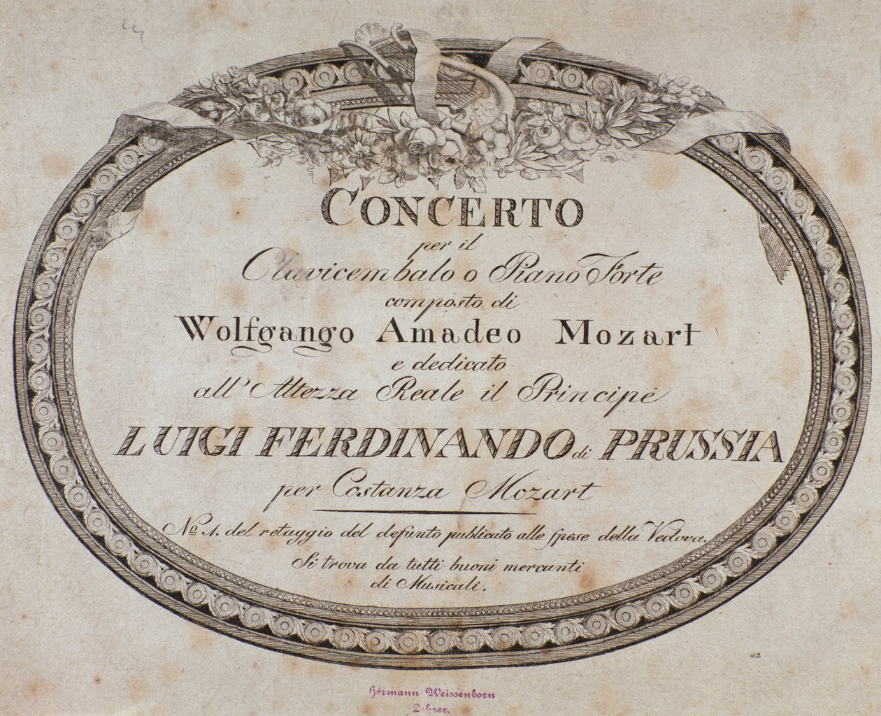Frontespizio della partitura musicale del concerto per pianoforte e clavicembalo del compositore austriaco Wolfgang Amadeus Mozart (1756-1791) da Austrian School