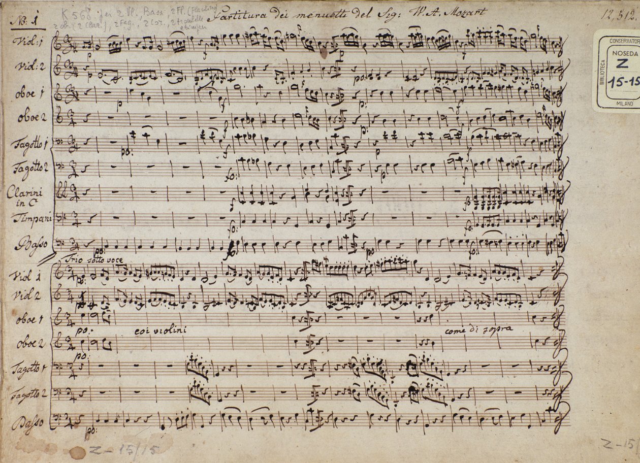 Pagina della partitura musicale di minuetti in 5 cadenze per pianoforte, K 568 del compositore austriaco Wolfgang Amadeus Mozart (1756-1791) da Austrian School