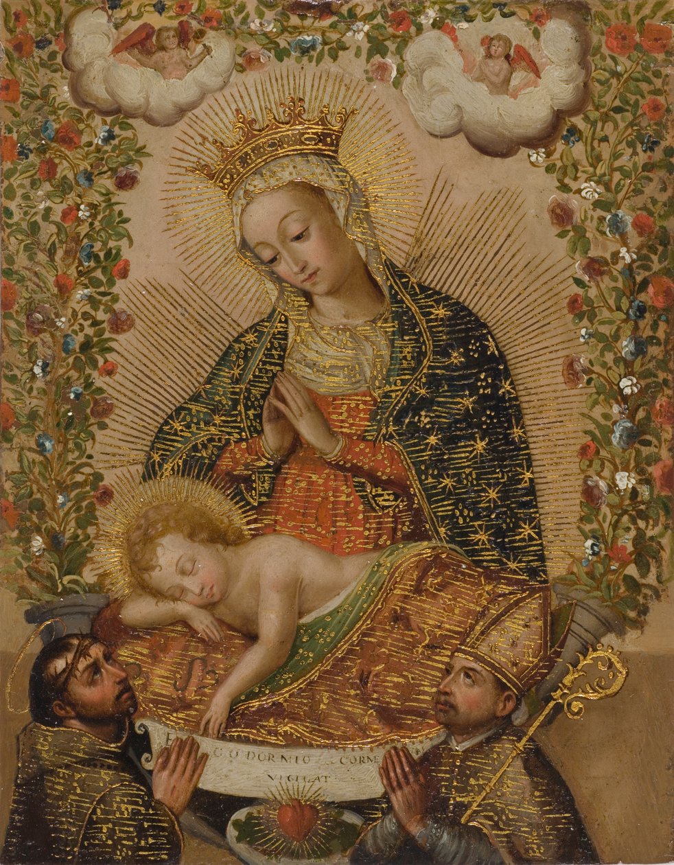 La Vergine che Adora il Bambino Gesù con Due Santi, XVIII secolo da Cuzco School