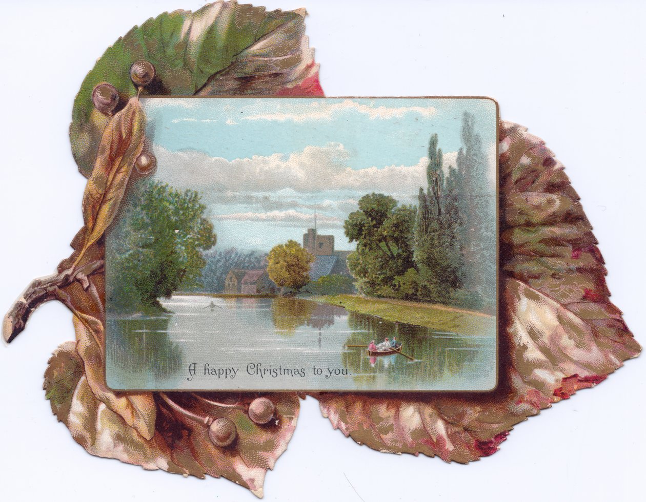 Una Cartolina Vittoriana a Forma di Foglia con un Dipinto di una Barca su un Lago, c.1880 da English School