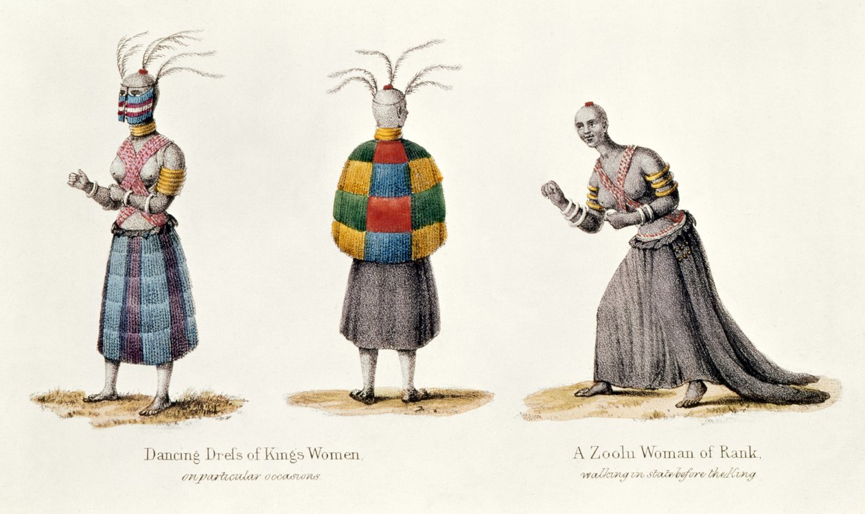 Abito da ballo delle donne dei re e una donna di rango Zoolu, illustrazione da Narrative of a Journey to the Zoolu Country di A.F. Gardiner, 1836 da English School