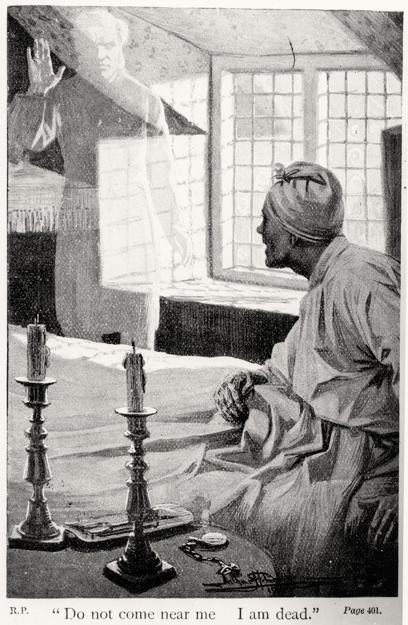 Non venire vicino a me, sono morto, illustrazione da Un Canto di Natale di Charles Dickens da English School