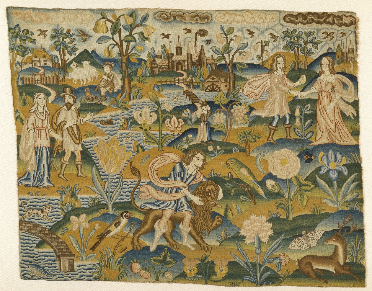 Quadro ricamato: Uomo con un leone in un paesaggio con due coppie, seconda metà del XVII secolo da English School