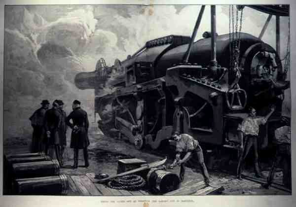 Sparando il cannone da 111 tonnellate a Woolwich (il più grande esistente), da The Illustrated London News, 11 giugno 1887 da English School