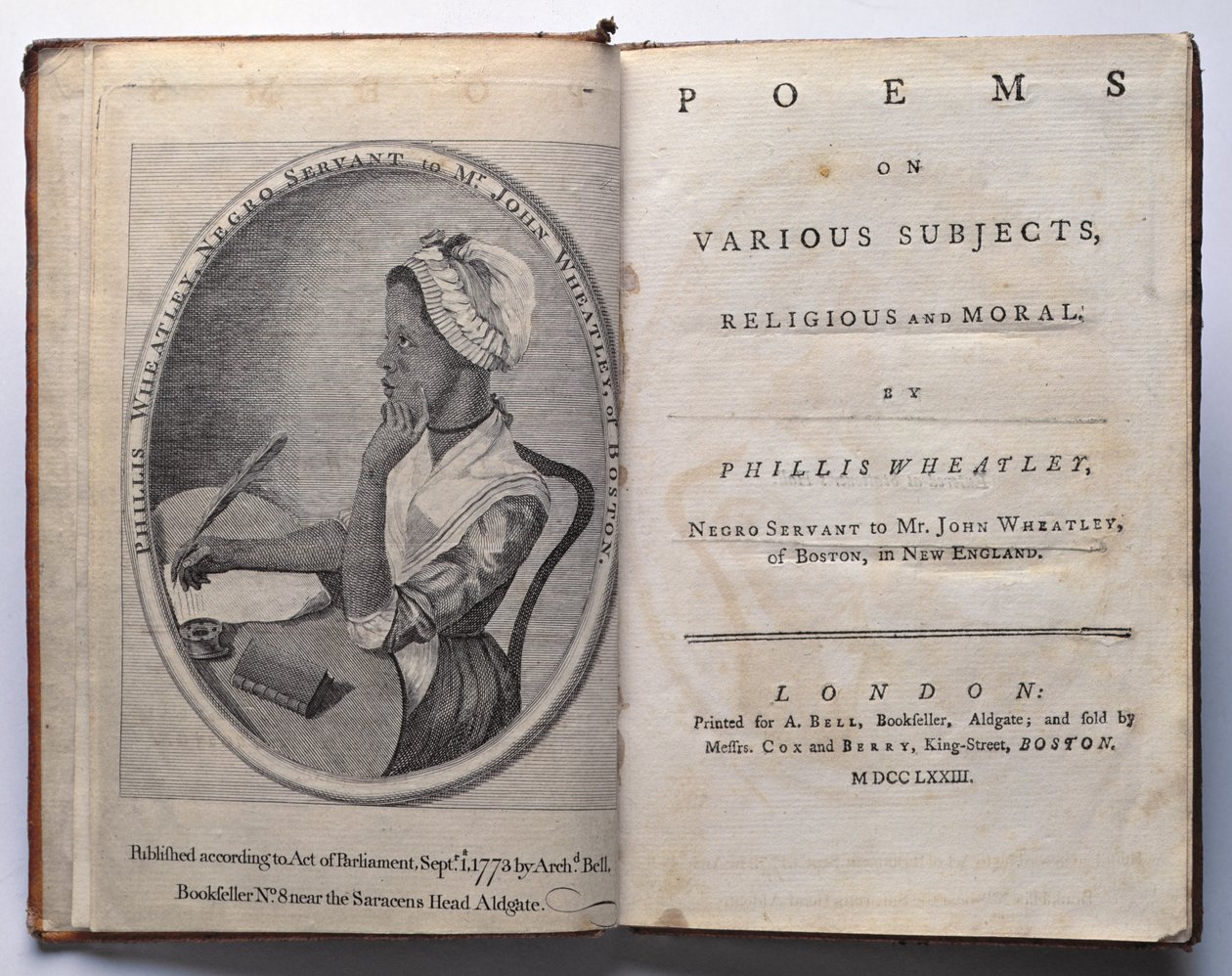 Frontespizio e Pagina del Titolo di Poems on Various Subjects, Religious and Moral di Phillis Wheatley, pubblicato da Archibald Bell, Londra, 1773 da English School