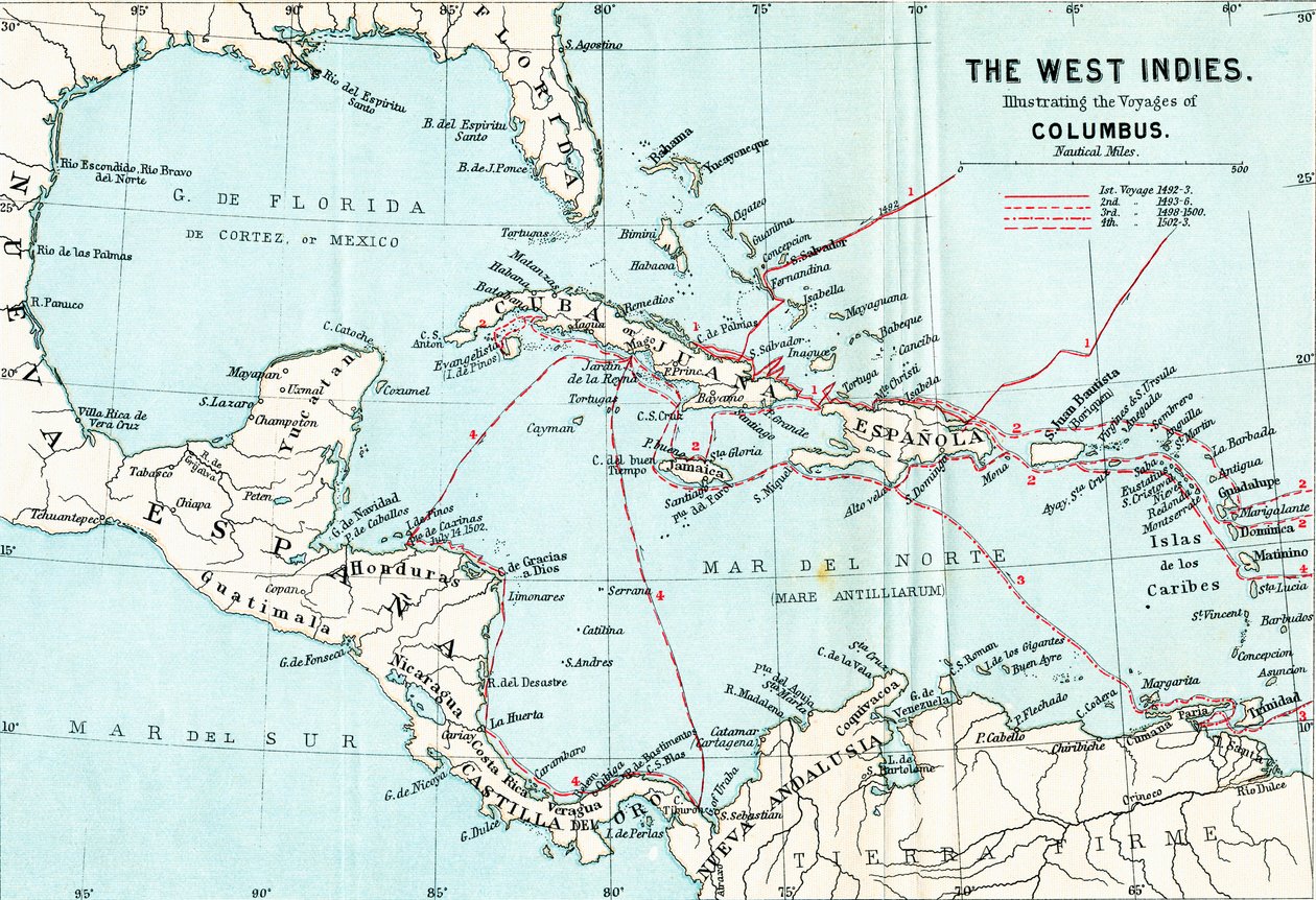 Mappa delle Indie Occidentali che illustra i viaggi di Cristoforo Colombo, da Vita di Cristoforo Colombo di Clements R. Markham, pubblicato nel 1892 da English School