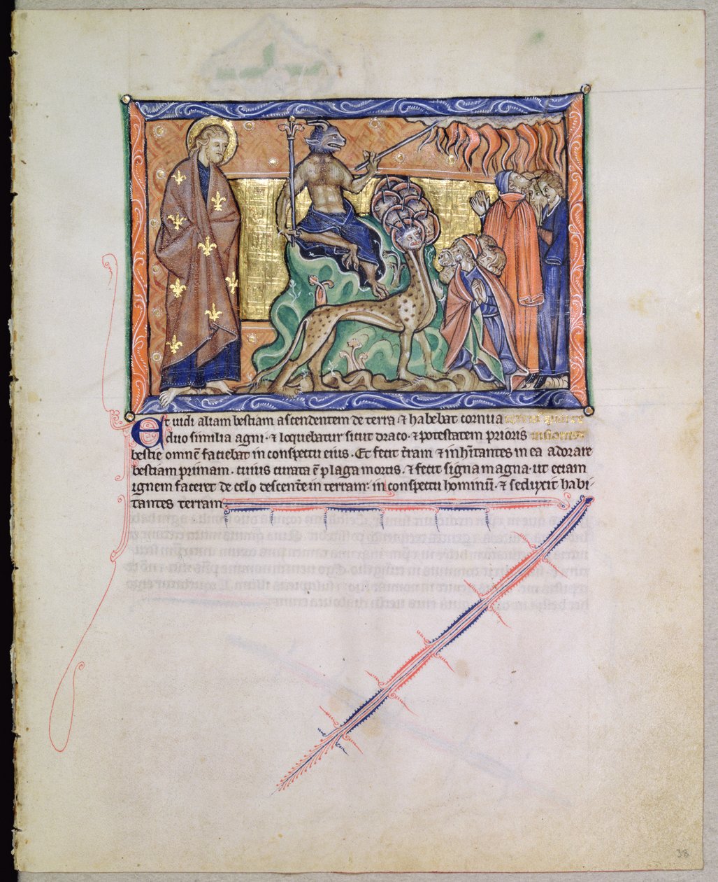 San Giovanni Evangelista osserva la bestia portare fuoco dal cielo alla terra, dal Gulbenkian Apocalypse, c.1265-70 da English School
