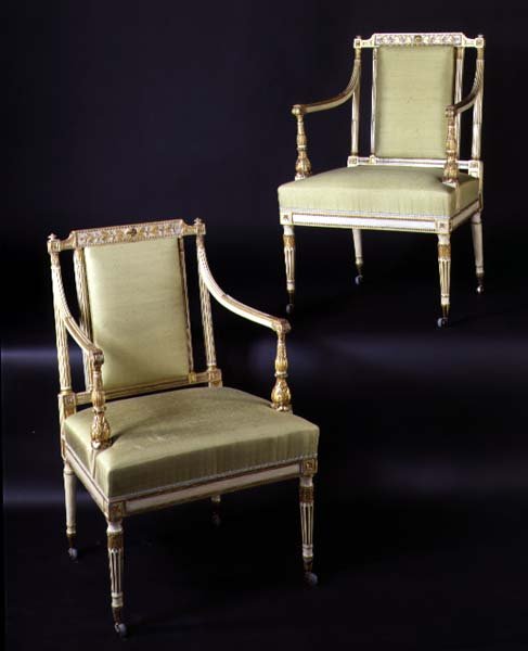 Coppia di dieci sedie da pranzo intagliate in stile Adam, c.1781 da English School