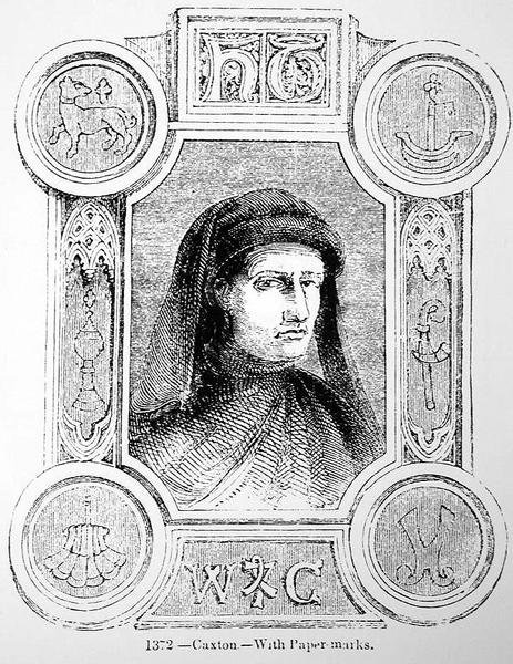 Ritratto di William Caxton (c.1422-91) e il suo marchio di stampatore da English School
