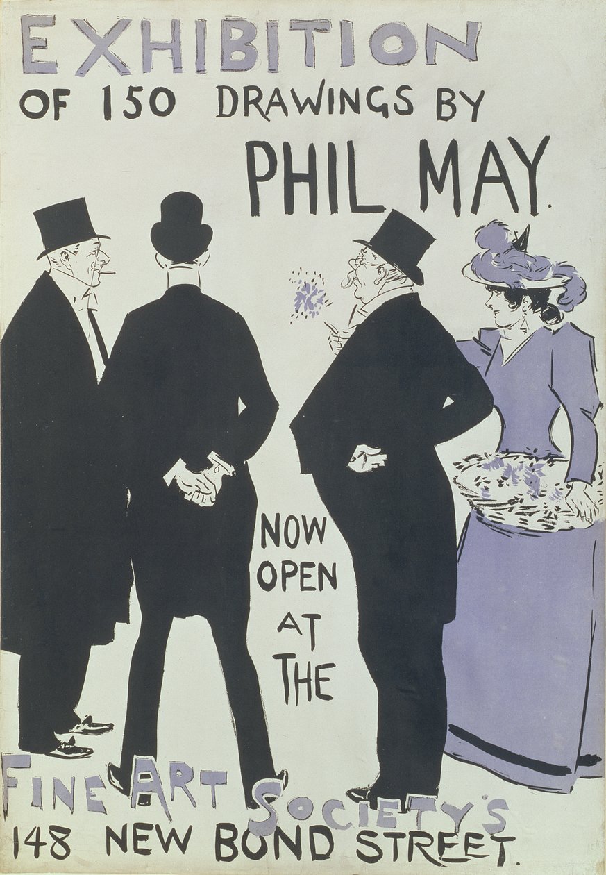 Poster pubblicitario per una mostra di 150 disegni di Phil May alla Fine Art Society, New Bond Street, 1895 da English School