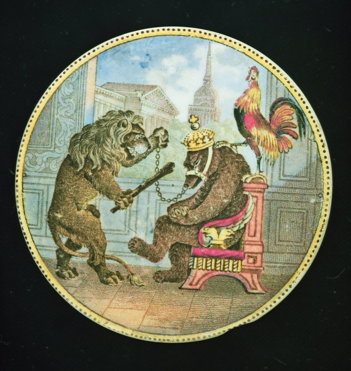 Coperchio di vaso, raffigurante un orso, un leone e un gallo, Staffordshire da English School