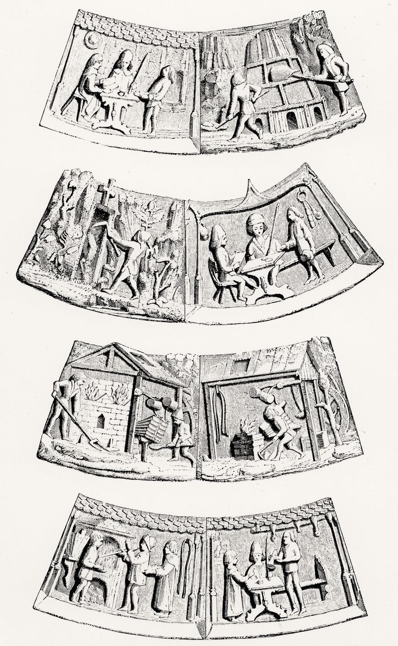 La fonderia dei metalli preziosi, pezzi nel collare cerimoniale del membro anziano degli orafi di Gand, illustrazione da Scienza e Letteratura nel Medioevo e nel Rinascimento, scritta e incisa da Paul Lacroix da English School