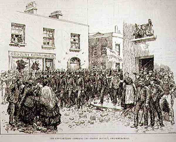 I disordini a Belfast: la polizia entra nel distretto arancione, Shankhill Road, da The Illustrated London News, 19 giugno 1886 da English School