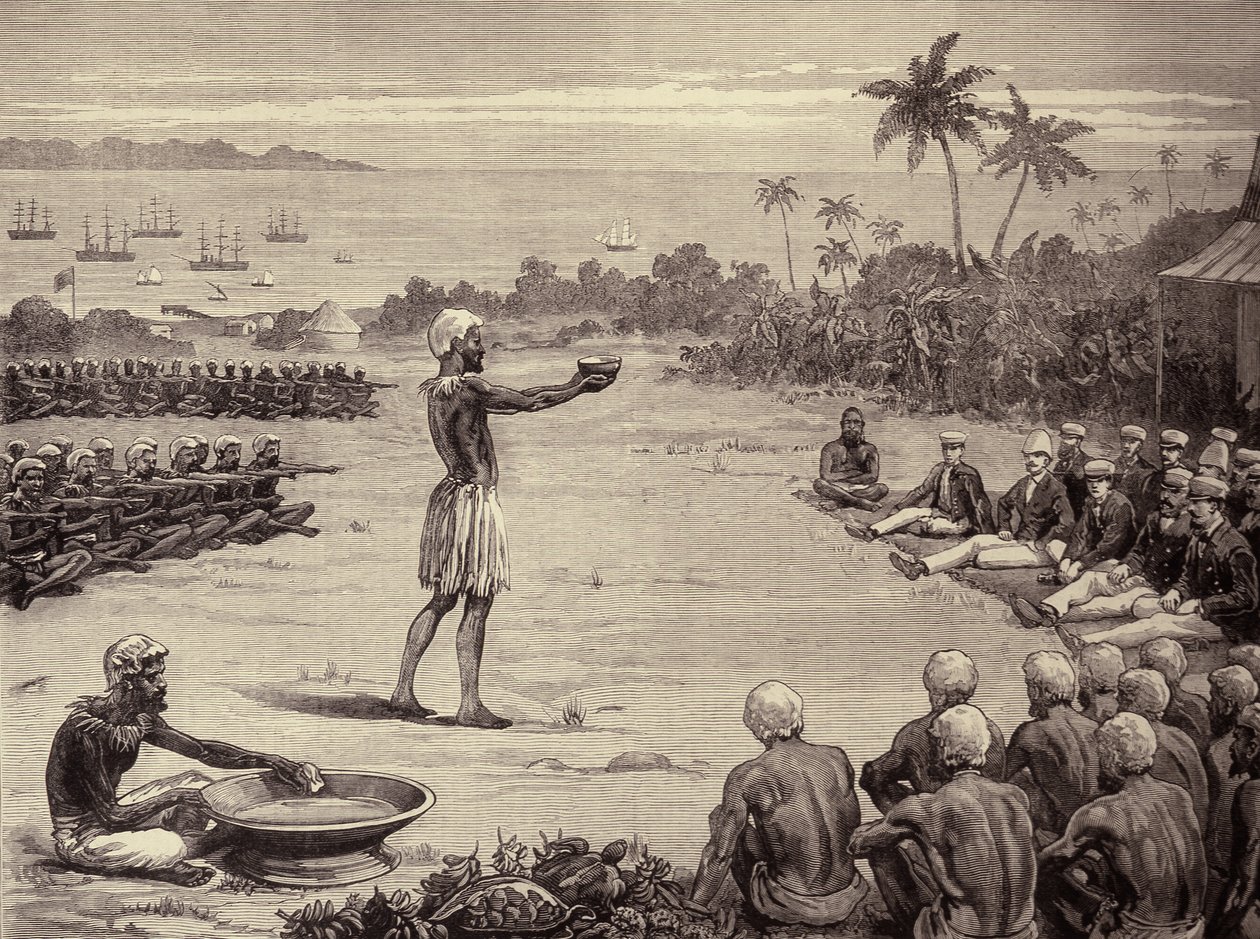 I Principi Marinai alle Isole Fiji: Incantesimo della Yangona, o Ciotola di Kava, da The Illustrated London News, 7 gennaio 1882 da English School
