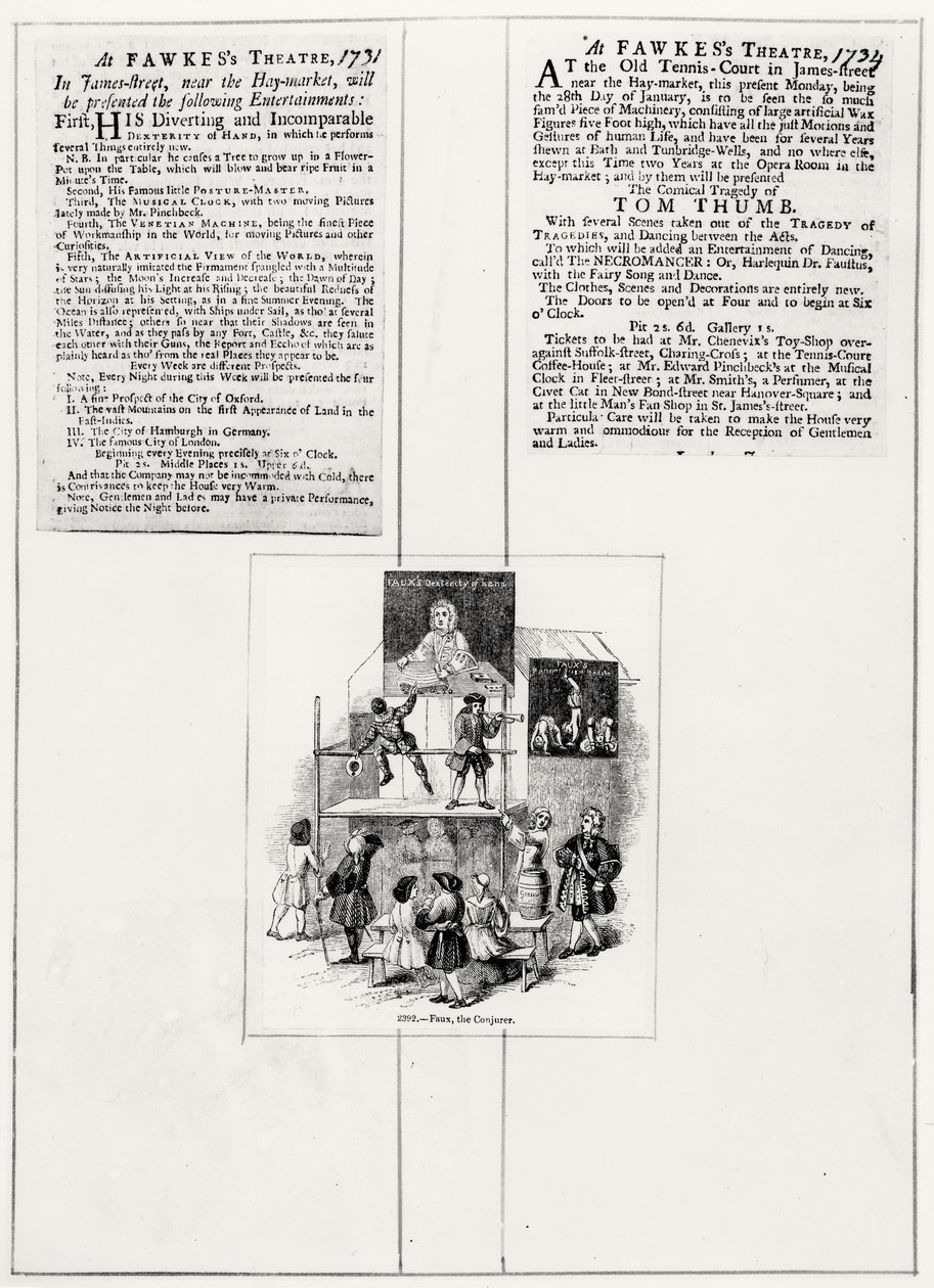 Due annunci relativi a Faux, il prestigiatore, c.1731-34 da English School