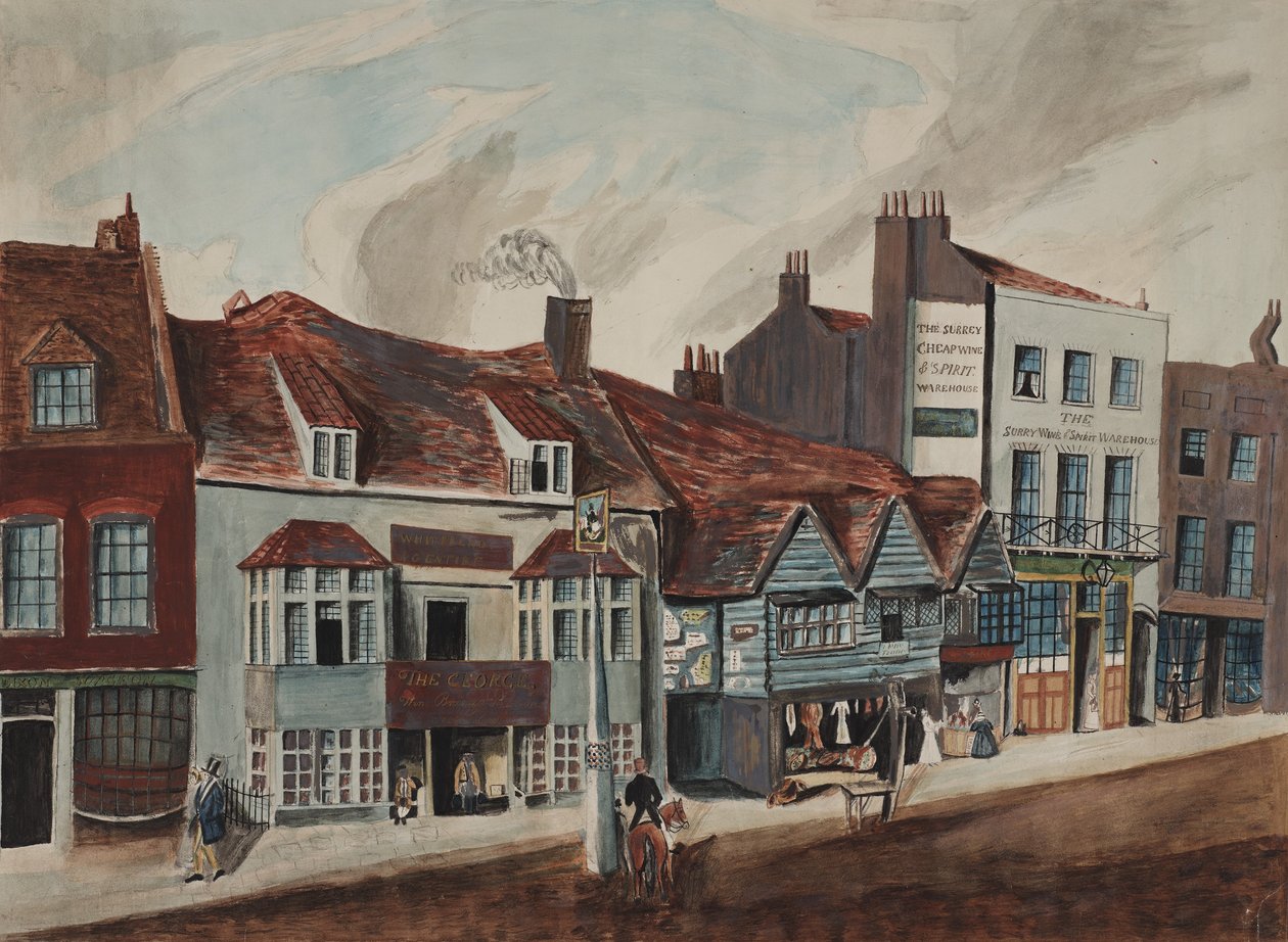 Veduta di Newington Butts, Southwark con la George Tavern e le facciate dei negozi da English School