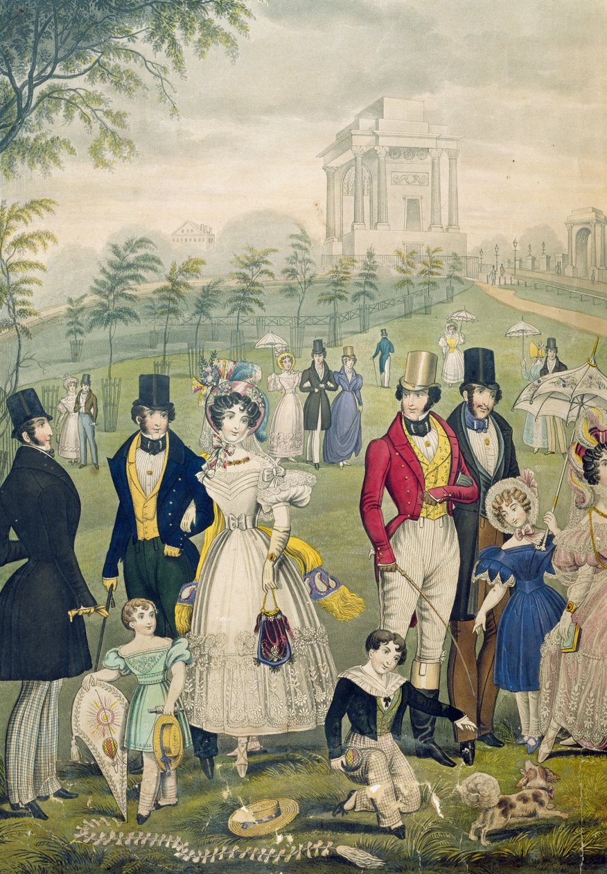 Veduta del Green Park, Londra, che mostra le mode del tempo (dettaglio) da English School