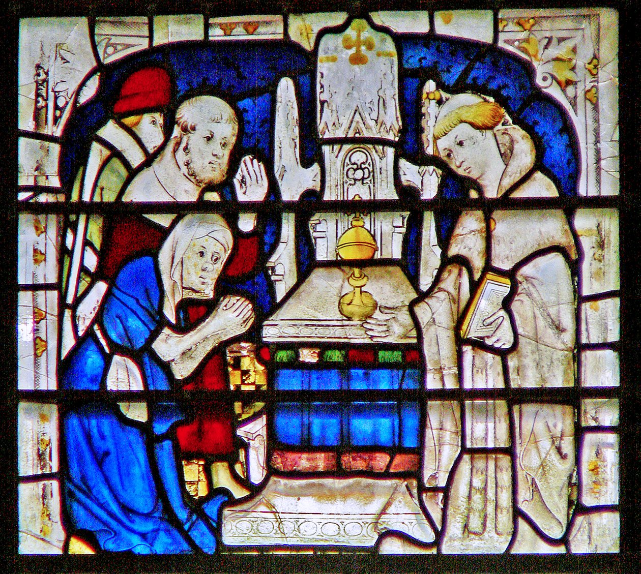 Vetrata raffigurante una donna lebbrosa che prega al santuario di San Guglielmo Wellcome, York Minster da English School