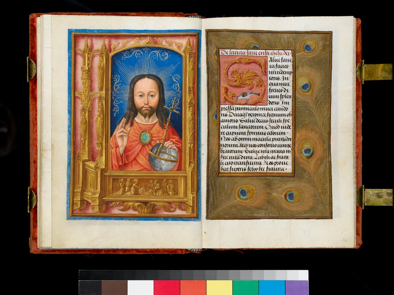 Cristo in Maestà sopra un pannello predella che raffigura Santa Veronica che mostra il sudario a sei adoratori, bordo di piume di pavone, c.1500 da Flemish School