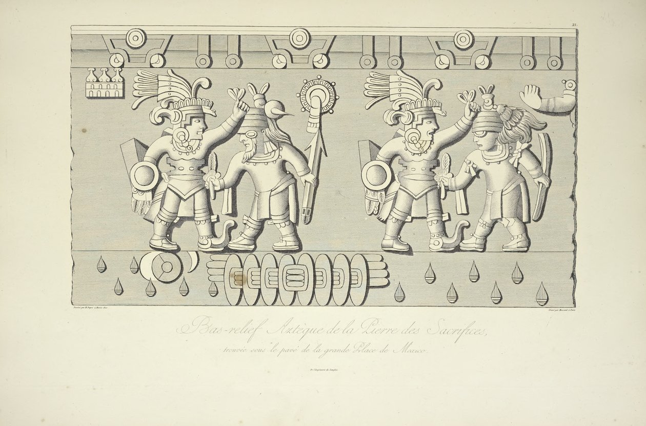 Rilievo in pietra azteca dei sacrifici, illustrazione da Vues des Cordillères et Monumens des Peuples Indigènes de l