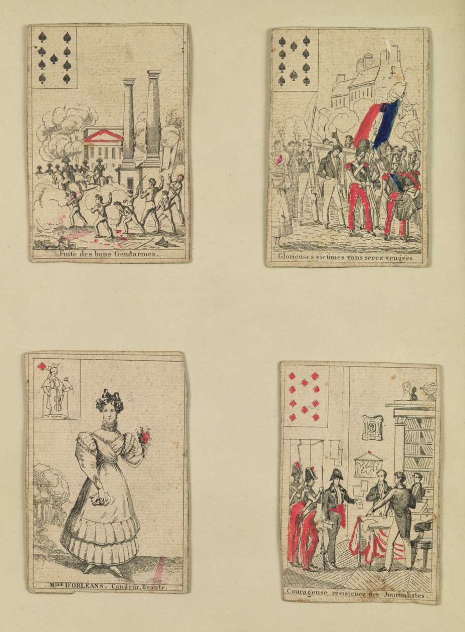 Quattro carte da gioco commemorative degli eroi di luglio 1830, 1831 da French School