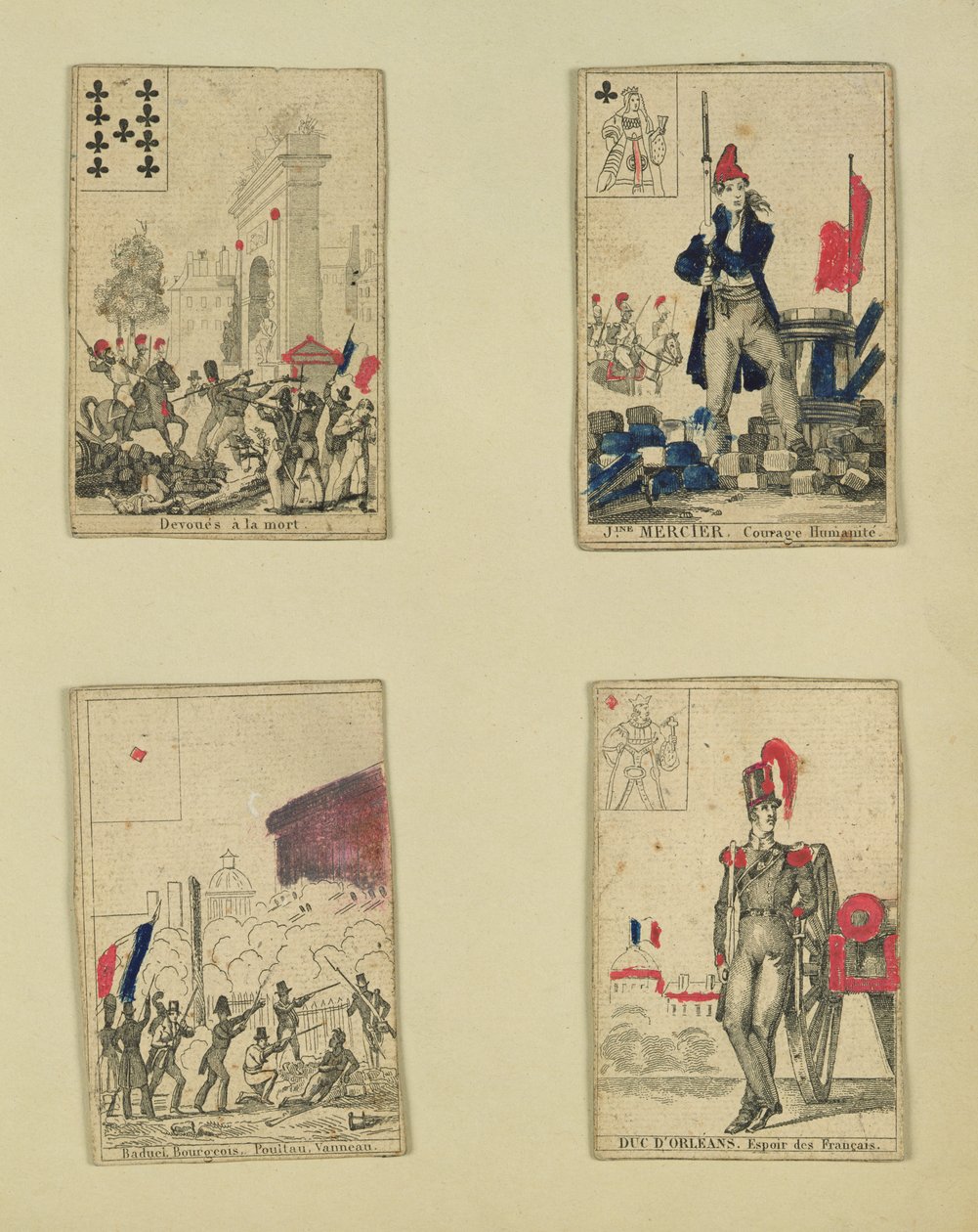 Quattro carte da gioco commemorative degli eroi di luglio 1830, 1831 da French School