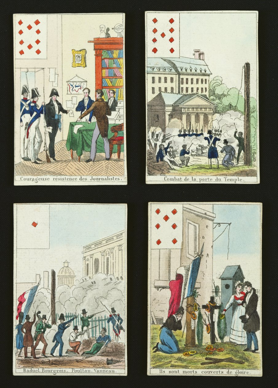Quattro carte da gioco commemorative degli eroi di luglio 1830, 1831 da French School