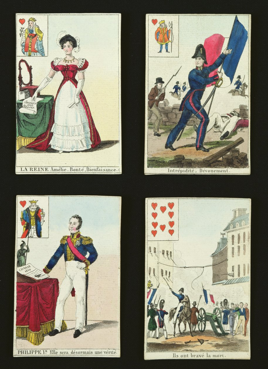Quattro carte da gioco commemorative degli eroi di luglio 1830, 1831 da French School