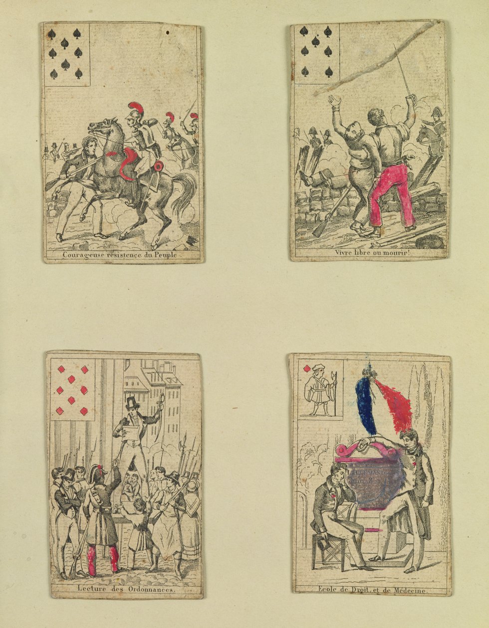 Quattro carte da gioco commemorative degli eroi di luglio 1830 da French School