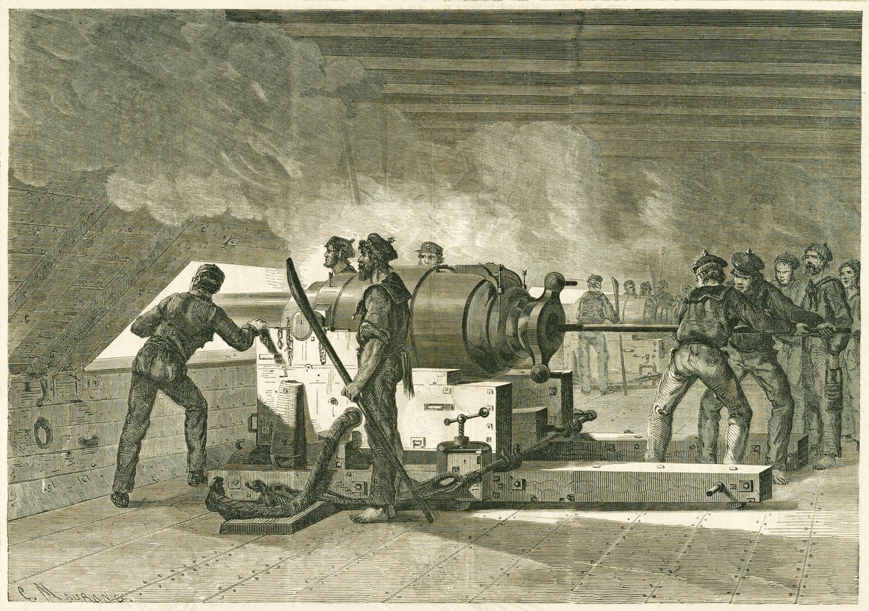 Interno della batteria del Merrimac, durante il combattimento con il Monitor, pubblicato 1862-1865 da French School