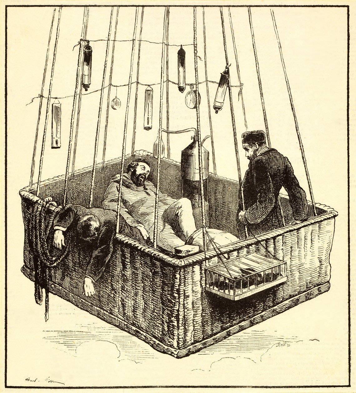 Joseph Crocé-Spinelli, Henri Sivel e Gaston Tissandier nel cesto del pallone, Zénith, dopo aver perso conoscenza a causa della mancanza di ossigeno dopo aver raggiunto un
