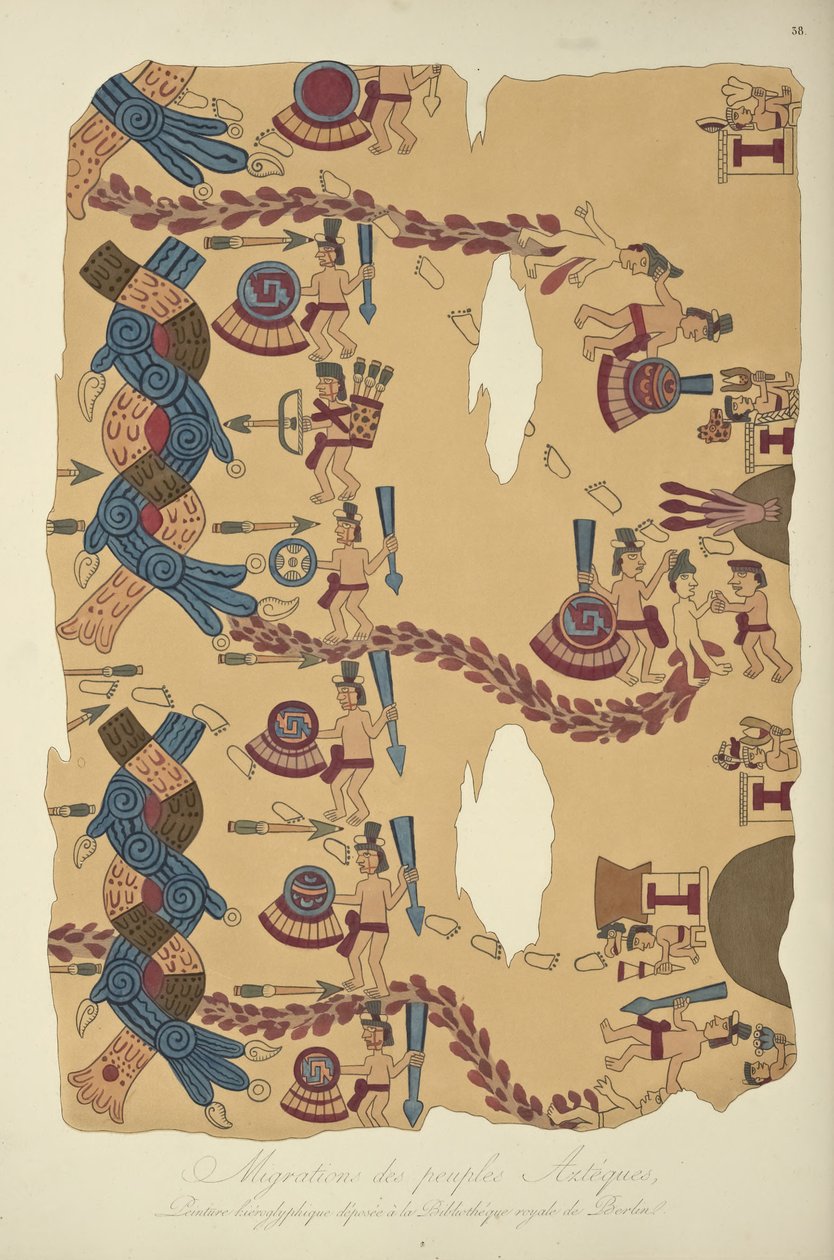 Migrazione dei popoli aztechi, pittura geroglifica conservata alla Biblioteca Reale di Berlino, illustrazione da Vues des Cordillères et Monumens des Peuples Indigènes de l