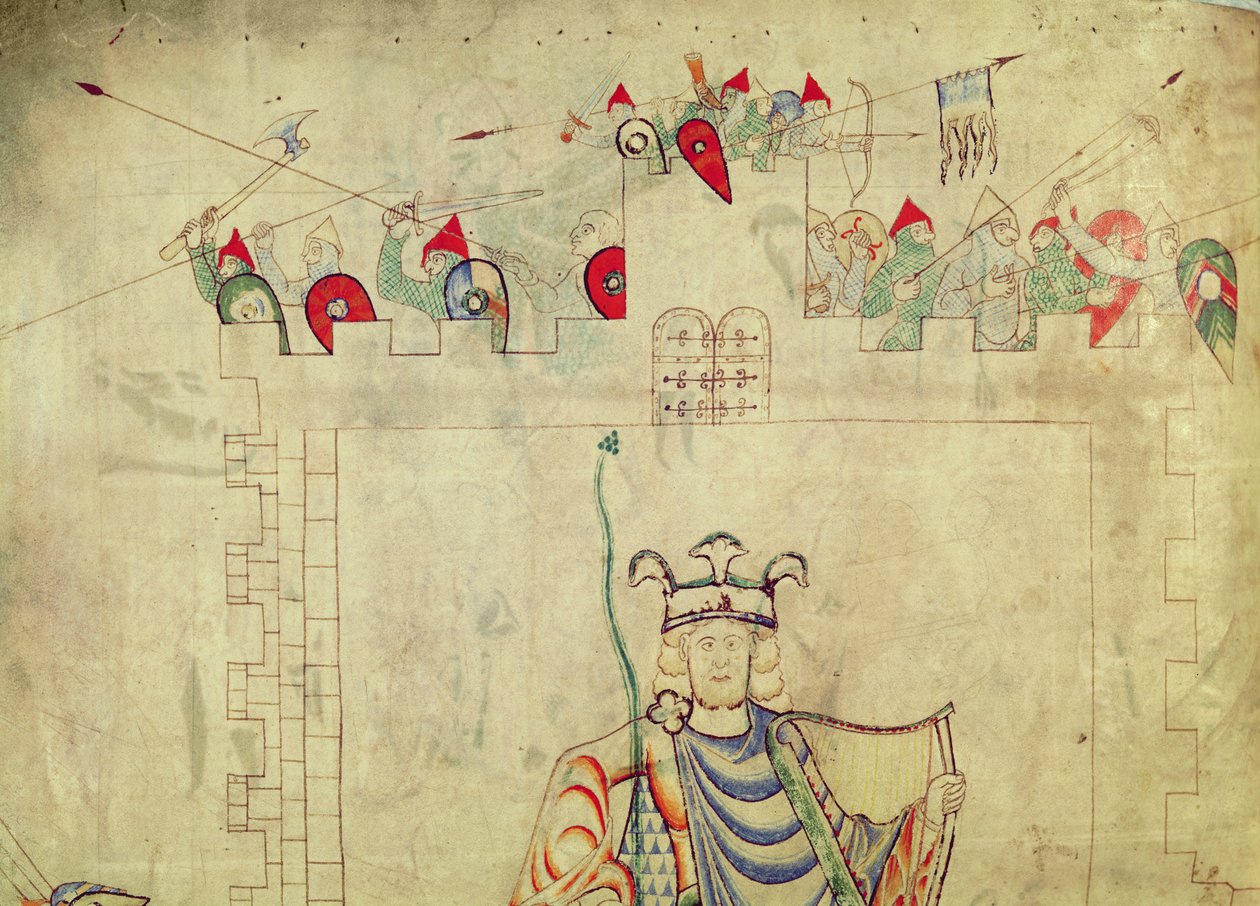 Ms 1215 t.3 fol.13v Re Davide seduto in maestà al centro di Gerusalemme, dettaglio di soldati sulle mura, dalla Bibbia di St. Etienne Harding da French School