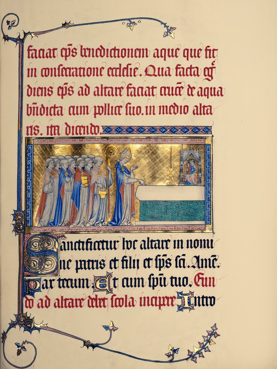 Dedicazione di una chiesa, dal Pontificale di Metz, c.1302-16 da French School