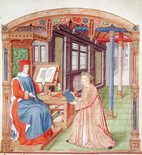 Ms 493 fol.19 Virgilio (70-19 a.C.) offre il suo libro a Mecenate, da Le Egloghe di Virgilio con commento di Servio, 1469 da French School