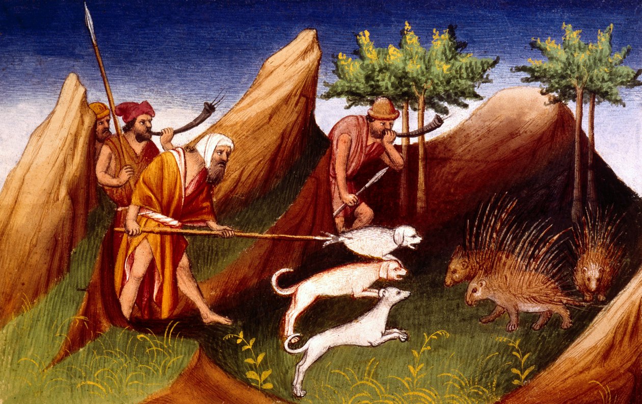 Ms Fr 2810 f.18, Caccia al porcospino a Badakhehan, dal Livre des Merveilles du Monde, c.1410-12 da French School