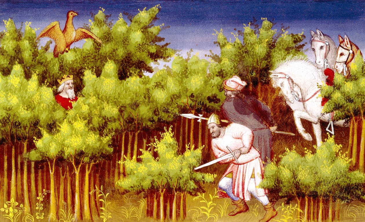 Ms Fr 2810 f.200v, Gengis Khan sfugge ai suoi nemici nascondendosi nei cespugli, dal Livre des Merveilles du Monde, c.1410-12 da French School