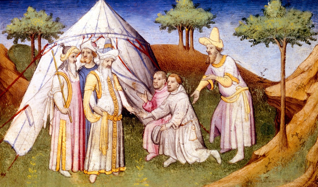 Ms Fr 2810 f.2v, Kublai Khan accolto dai fratelli Polo, dal Livre des Merveilles du Monde, c.1410-12 da French School