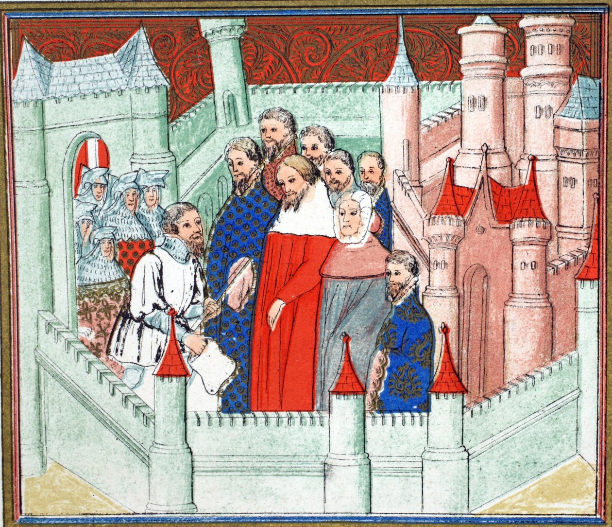 Riccardo II al castello di Flint dove fu consegnato prigioniero a Bolingbroke, suo rivale al trono, copia facsimile da Le Prinse et Mort du Roy Richart di Jean Creton, ristampa XIX secolo (colore) da French School