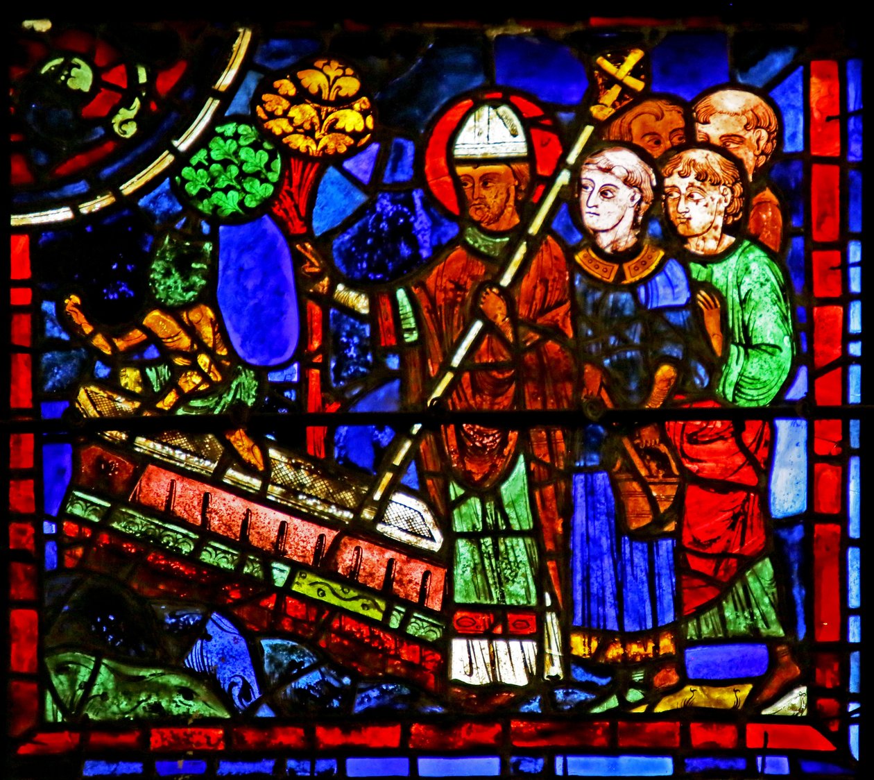 San Martino esorcizza un demone dalla tomba di un presunto martire, scena dalla Vita di San Martino, Cattedrale di Chartres da French School