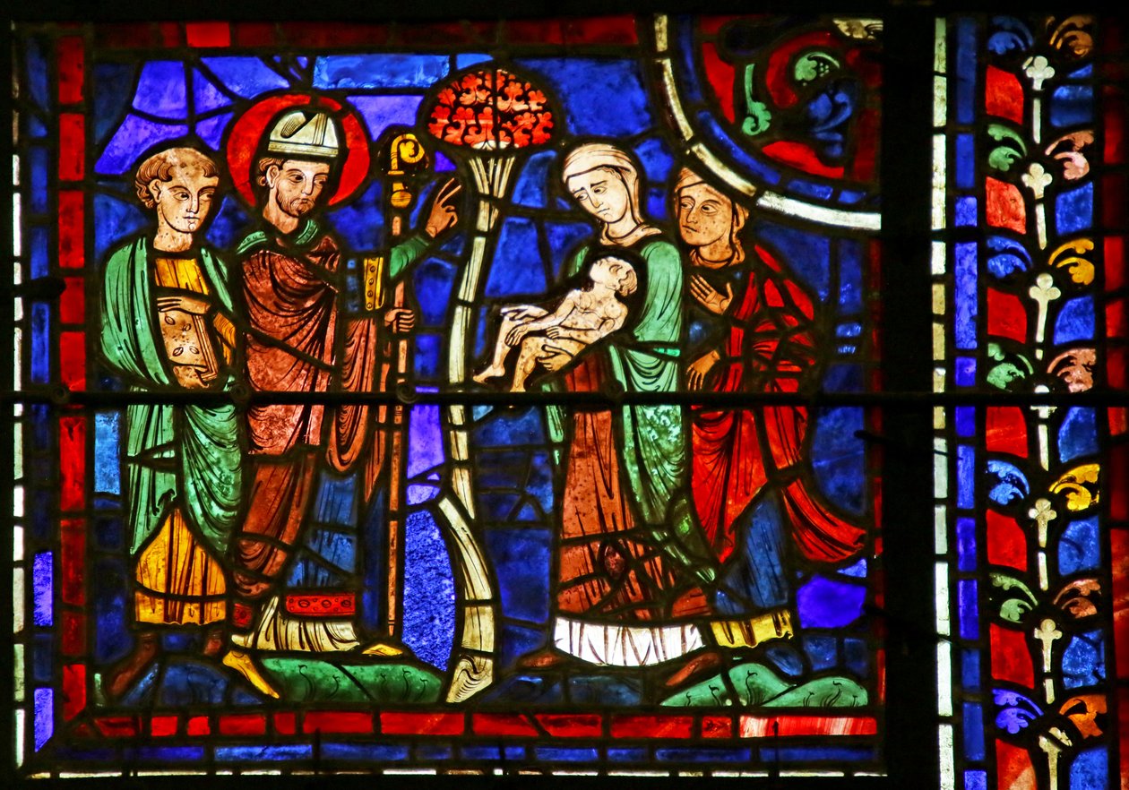 San Martino resuscita un bambino, dalla Vita di San Martino, Cattedrale di Chartres da French School