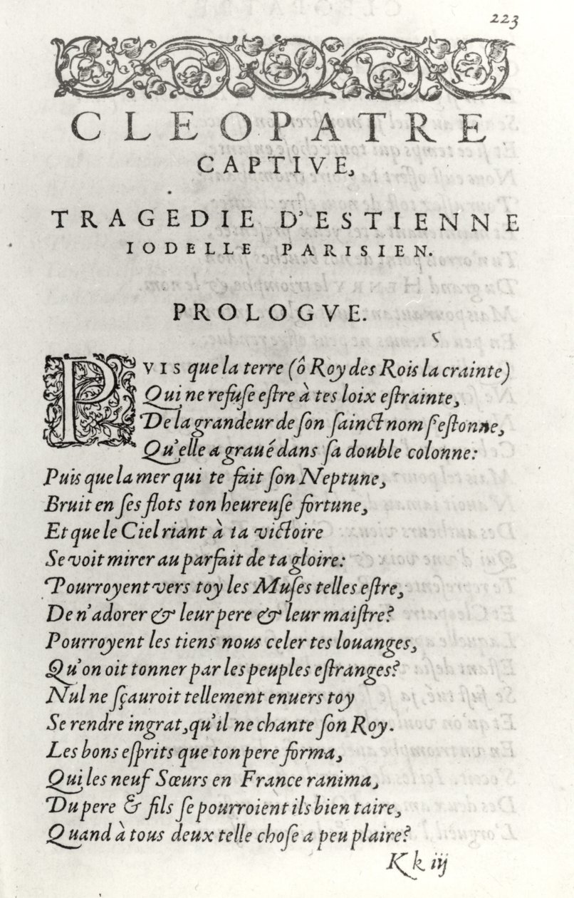 Pagina del titolo di Cleopatre Captive, di Etienne Jodelle (1532-73) 1574 da French School