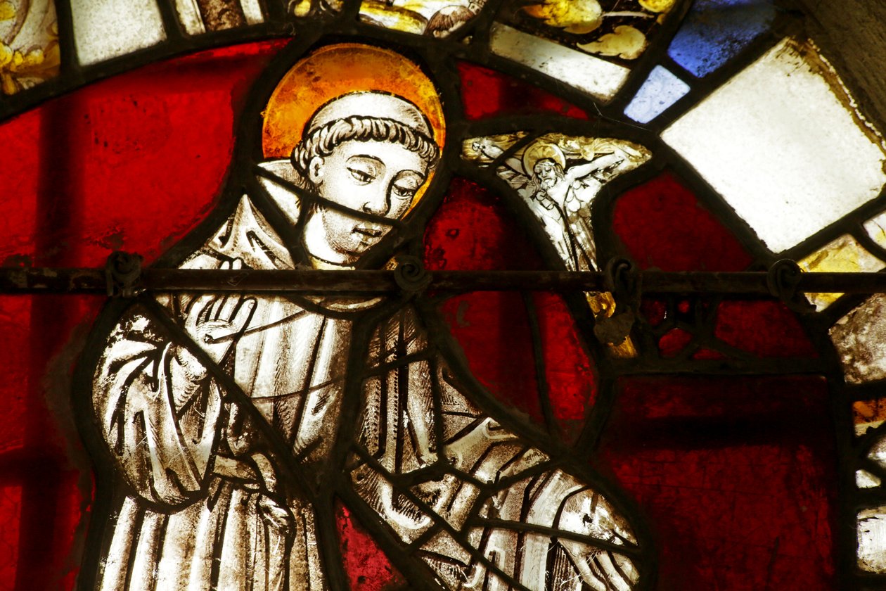 Vetrata raffigurante San Francesco giovane monaco che ha una visione di Cristo da French School