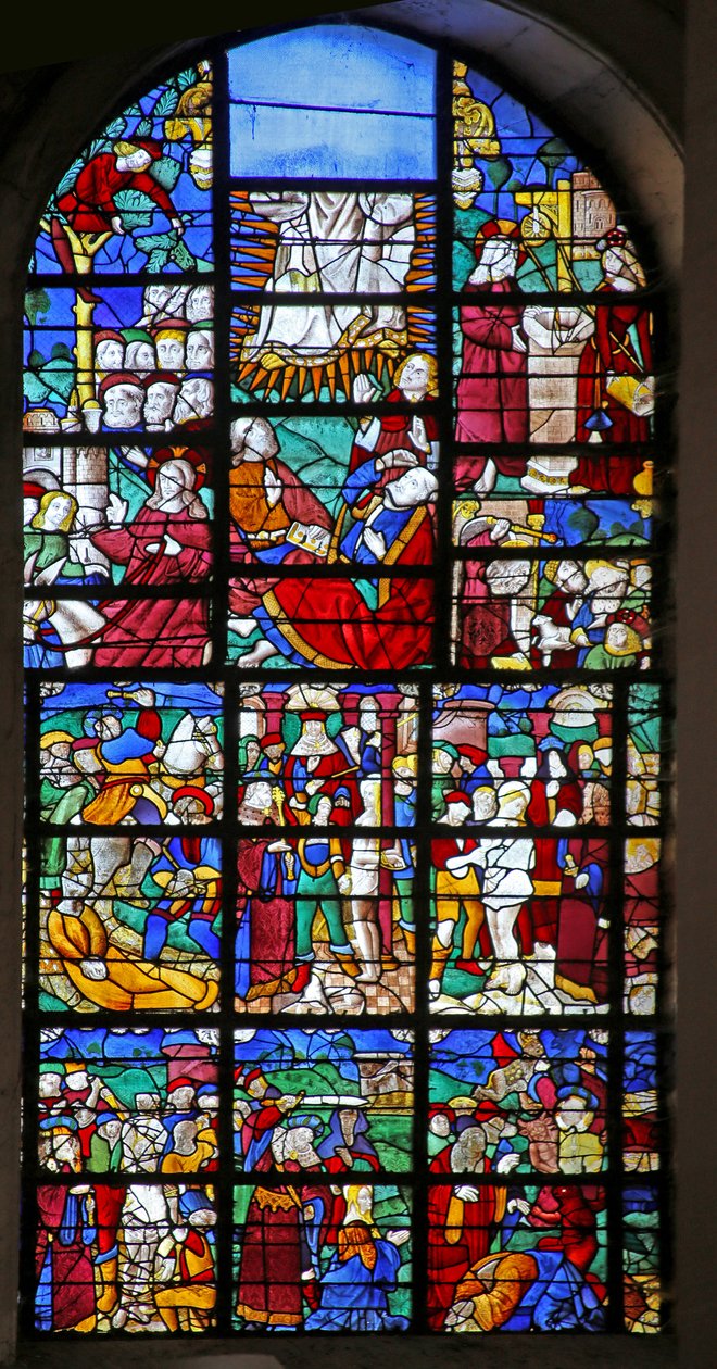 Vetrata raffigurante Scene della vita di Santa Barbara, della Passione e della Trasfigurazione da French School