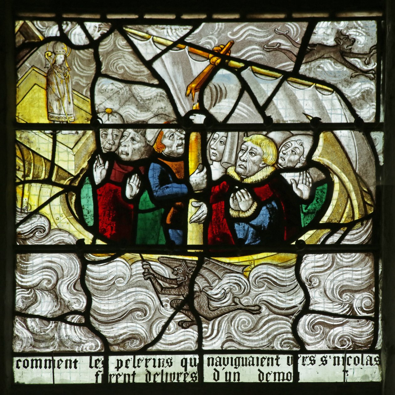 Vetrata raffigurante San Nicola che appare e salva i viaggiatori mentre la loro nave affonda da French School