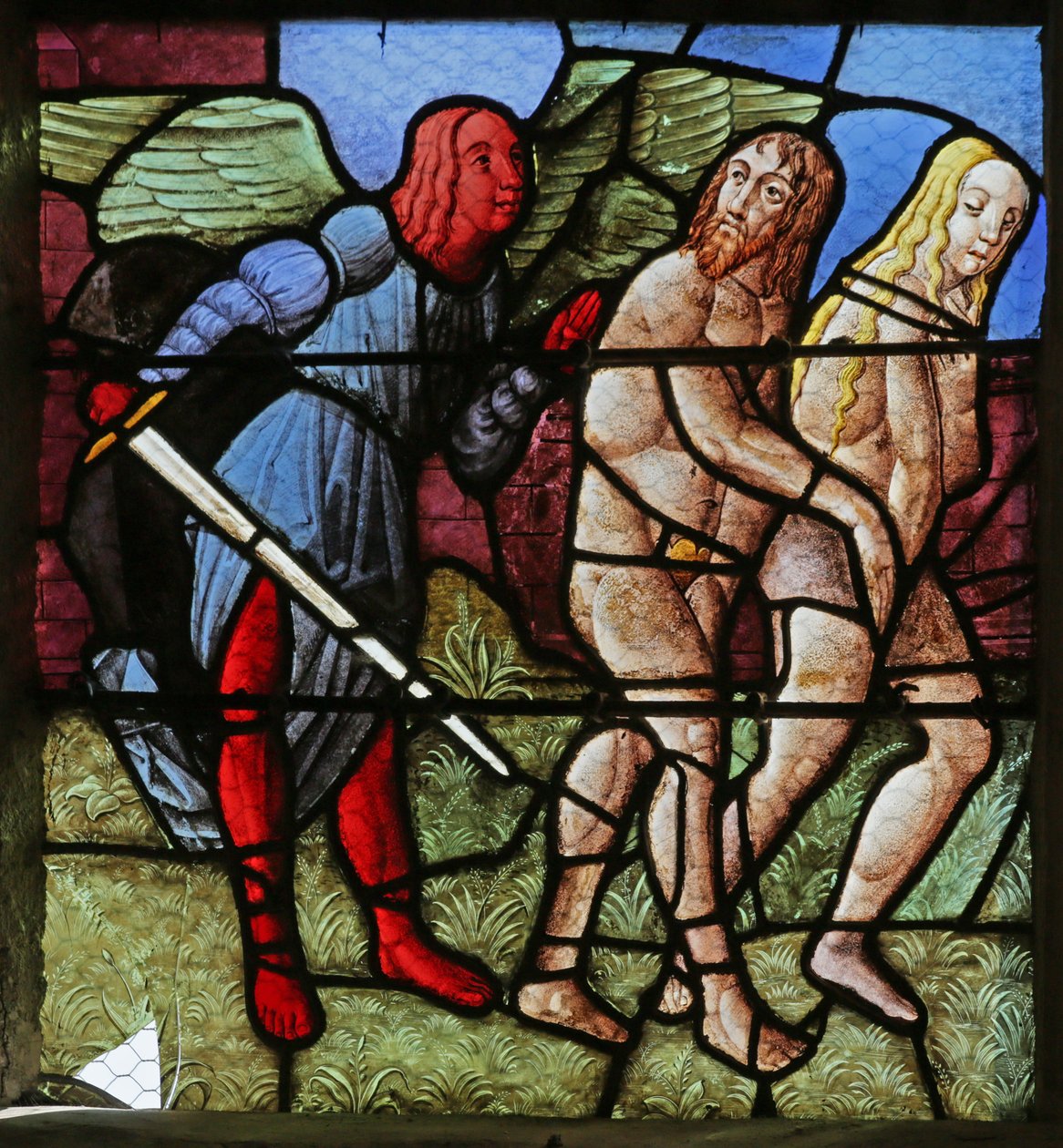 Vetrata raffigurante la Cacciata di Adamo ed Eva dal Paradiso da French School