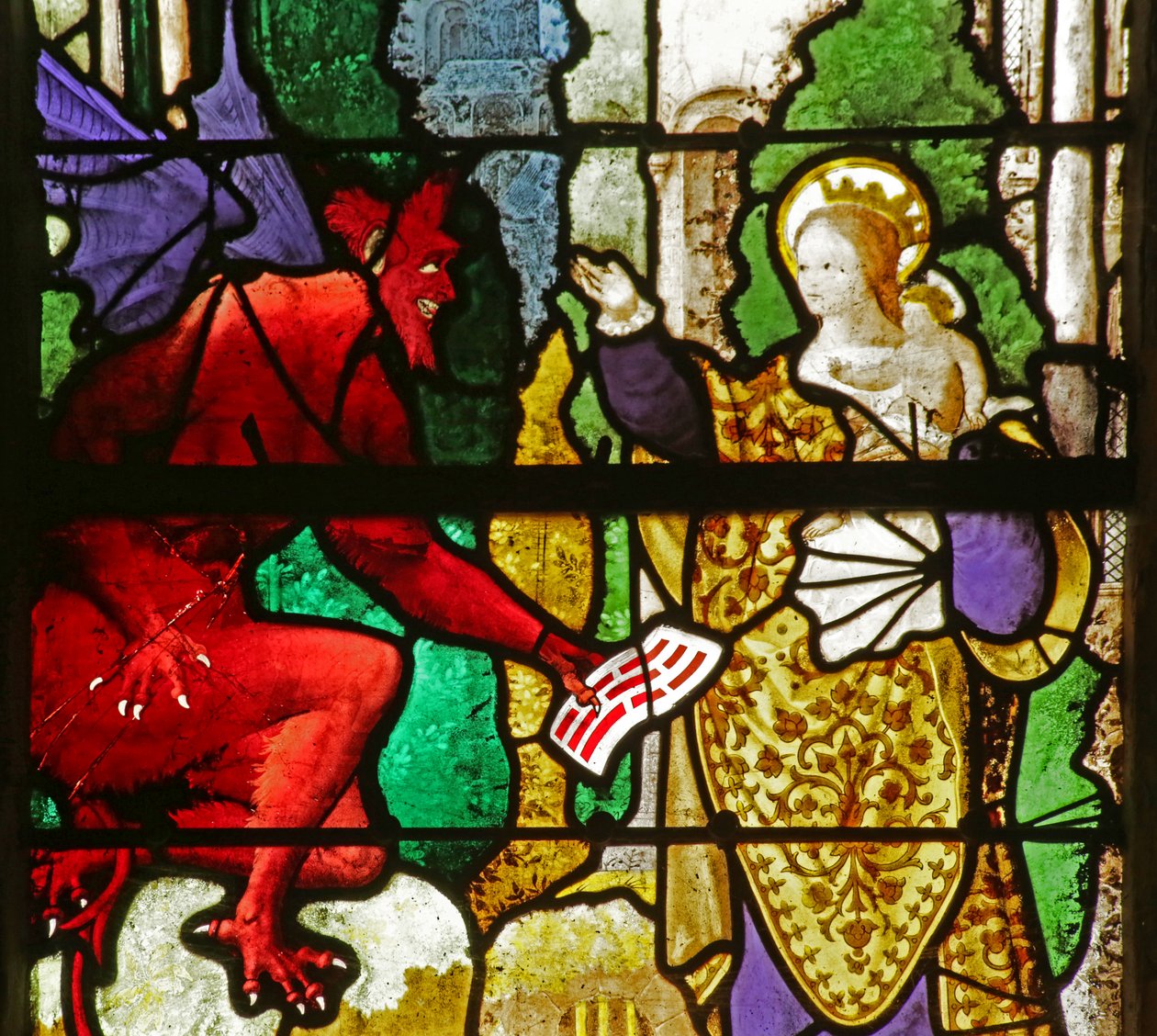 Vetrata raffigurante la Vergine Maria che recupera il patto di Teofilo dal diavolo da French School
